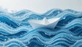 A paper boat sails on blue and white stylized striped waves. Royalty Free Stock Photo