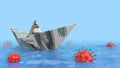 Paper boat in sea . The concept of the economic crisis. 3 d illustration