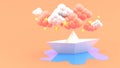 A paper boat surrounded by clouds and stars on an orange background.
