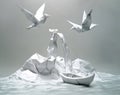 A paper boat transforms into a symbol of success by Rising To The Challenge metaphor to get through obstacles or make Royalty Free Stock Photo