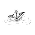 Paper boat on the water. Black and white sketch in sketch style. Vector illustration isolated on white.