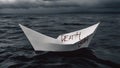 paper boat on the water A scary paper boat with the word death written on it, sinking on a black sea with storm Royalty Free Stock Photo