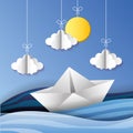 Paper boat between wave sea. vector Royalty Free Stock Photo