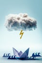 Paper boat and waves beneath a cloud and bolt. Royalty Free Stock Photo