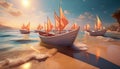 Paper boats with small sails resting on sandy beach, evoking playfulness and summer creativity Royalty Free Stock Photo