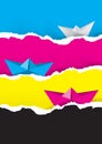 Paper boats on the waves of torn paper, cmyk print colors, Banner template. Royalty Free Stock Photo