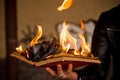 Paper book burns to ashes, on concrete tiles, manuscript burns, open book with fire in man hand Royalty Free Stock Photo