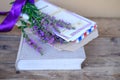 paper book, old photographs, home archive, letter, bouquet of purple wildflowers on old wooden table, touching objects of Royalty Free Stock Photo