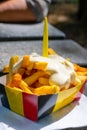 Paper box in colors of Belgian flag with fried potato frit chips and mayonnaise sauÃÂe