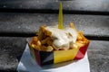 Paper box in colors of Belgian flag with fried potato frit chips and mayonnaise sauÃÂe