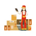 Paper Box Packages Piled Up In Warehouse With A Delivery Company Worker Standing Next Checking It Check List