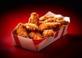 Paper box with tasty fried chicken on red backgrpund.Macro.AI Generative