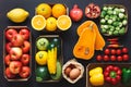 Paper boxes and bag  of organic raw fruits and vegetables from the farmers market Royalty Free Stock Photo