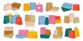 Paper boxes and bags stacks and pile with clothing, shoes purchases isolated set vector illustration