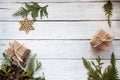 Paper boxes and green branches on a white wooden background