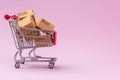 Paper boxes in shopping cart on Violet background with copy space. For online shopping business, promotion and marketing concept