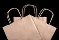 3 paper brown bags on a black background. View from above