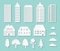 Paper buildings, city origami for paper cut background. Cardboard house silhouettes for construction of town. 3d cottage apartment