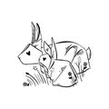 Paper bunnies in the grass with flowers sketch vector illustration hand draw Royalty Free Stock Photo