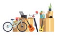 Paper cardboard boxes with various household thing. Family moving into new house. Cartoon vector concept Royalty Free Stock Photo