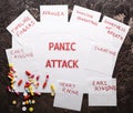 Paper cards with text PANIC ATTACK and symptoms on grey background