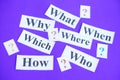 Paper cards with Wh-question words and question marks