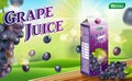 Paper carton grape juice package on wooden table. fruit juice container package ad. 3d realistic grape Vector