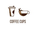 Paper and ceramic or glass cup filled with coffee. Cofee cups creative vector icons. Logo, design elements for cafe, coffee Royalty Free Stock Photo