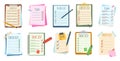 Paper checklists. To do lists, planning sheets and task management notes. Clipboard with plan documents, paper pages and