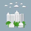 Paper city building with skyline. Urban environment with tower, houses, green trees.Industrial background with silhouettes Royalty Free Stock Photo