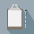 Paper clipboard and a pen icon with long shadow