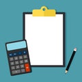 Paper on a clipboard and a pencil along with a calculator. vector illustration Royalty Free Stock Photo