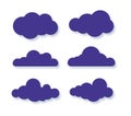 Paper clouds. Cartoon rainy sky. White paper cut decorative cloudy forms. Blue fluffy shapes. Origami cumulus. Weather