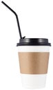 Paper coffee cup with black cocktail tube or straw isolated on white background