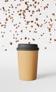Paper coffee cup black lid falling beans 3D rendering. Coffee shop discount demonstration delivery Hot drink sale banner