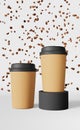 Paper coffee cup black lid falling beans 3D rendering. Coffee shop discount demonstration podium. Hot drink sale banner