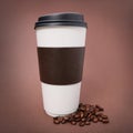 Paper Coffee cup with Coffee Beans on brown background. Takeaway Royalty Free Stock Photo