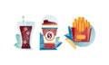 Paper Coffee Cup, Cola Glass with Ice Cubes and French Fries Box Set, Top View of Appetizing Fresh Fast Food Dishes Flat