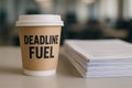 Paper coffee cup labeled Deadline Fuel on office desk beside large stack of documents, symbolizing workload and productivity. Royalty Free Stock Photo