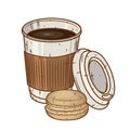 Paper coffee cup with macaron cookies over white background.