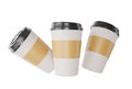 paper coffee cup or 3 plastic glass with a blank brown label with a black lid realistic replica coffee mugs disposable beverage