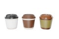 paper coffee cup or 3 plastic glass with a brown blank label with a black lid realistic replica coffee mugs disposable beverage