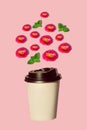 Paper coffee cup with pouring daisy flowers and green leaves on pink background with natural shadow.Copy space price tag Royalty Free Stock Photo