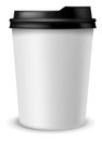 Paper coffee cup. Takeaway carton container for latte, espresso and cappuccino, black plastic lid, cafe or restaurant