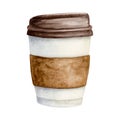 Paper coffee cup for takeaway watercolor illustration for hot drinks with lid and cupholder. Coffee template for bakery