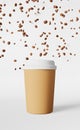 Paper coffee cup white lid falling beans 3D rendering. Coffee shop discount demonstration delivery Hot drink sale banner