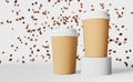 Paper coffee cup white lid falling beans 3D rendering. Coffee shop discount demonstration podium. Hot drinks sale banner