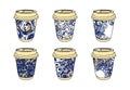 Paper coffee cups collection decorated abstract swirl patterns in beige and blue colors. Take away coffee cups