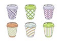 Paper coffee cups collection decorated in classic retro style checkered, stripe, line. Coffee to go graphics template