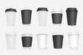 Paper coffee cups mega set in 3d realistic design. Bundle elements of white and black cardboard containers with lids for latte,